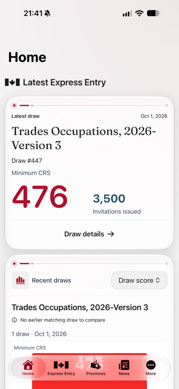 CanadaPath Home screen in light mode, showing the latest Express Entry draw and recent draw comparison